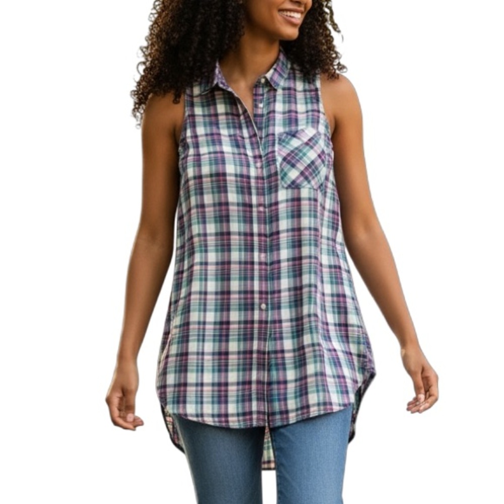 216 - Plaid Dress Full Button Up - Size L Western